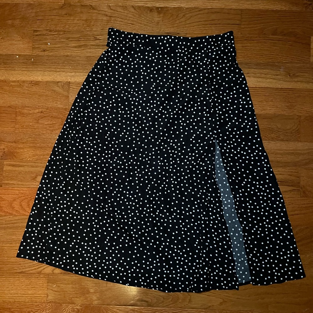 Womens Black and White Polka Dot Midi Skirt with Slit Size Large